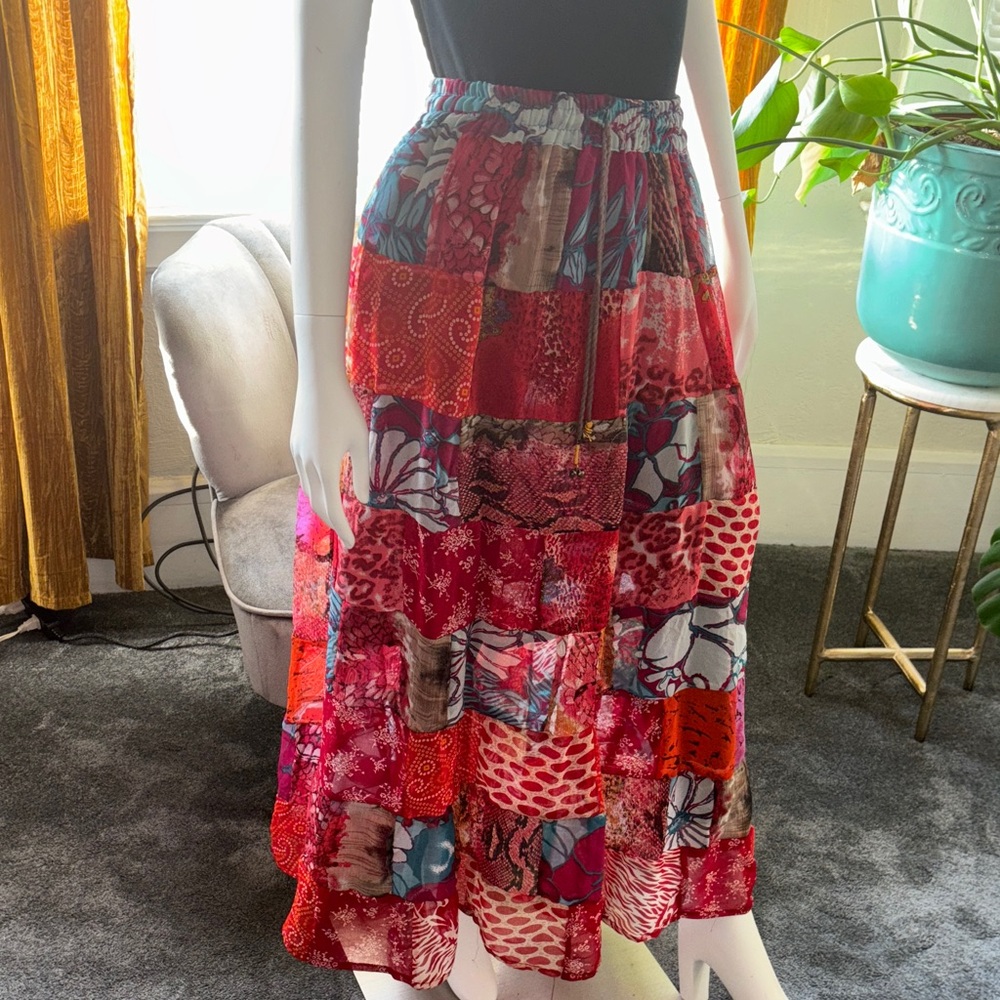 Boho Patchwork Red Tiered Maxi Skirt - Women - Picture 3 of 13